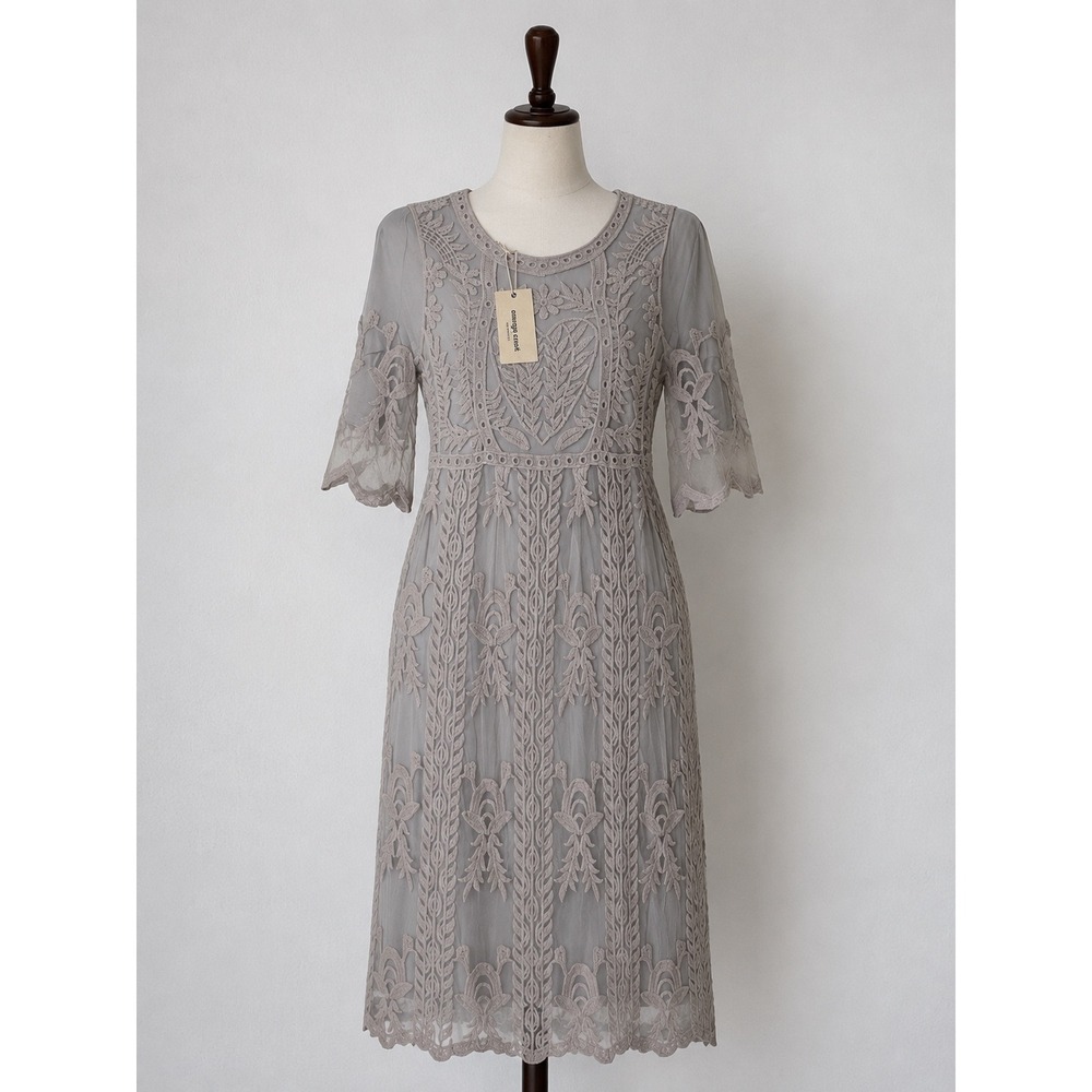 Orange Creek Los Angeles Embroidered Lace Mesh Maxi Dress Grey Blue XL NWT